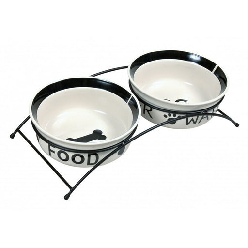 Pet feeding dish Trixie Double Bowl White Black Ceramic 0,6 L - VMX PETS