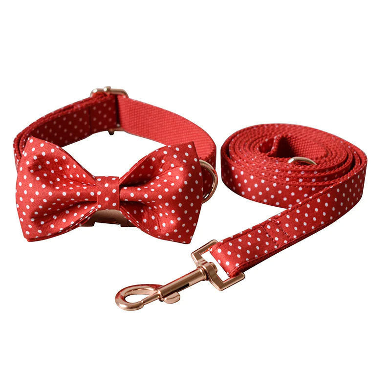 Red Dot Dog Collar & Leash Set with Bow Tie - VMX PETS - VMX PETS